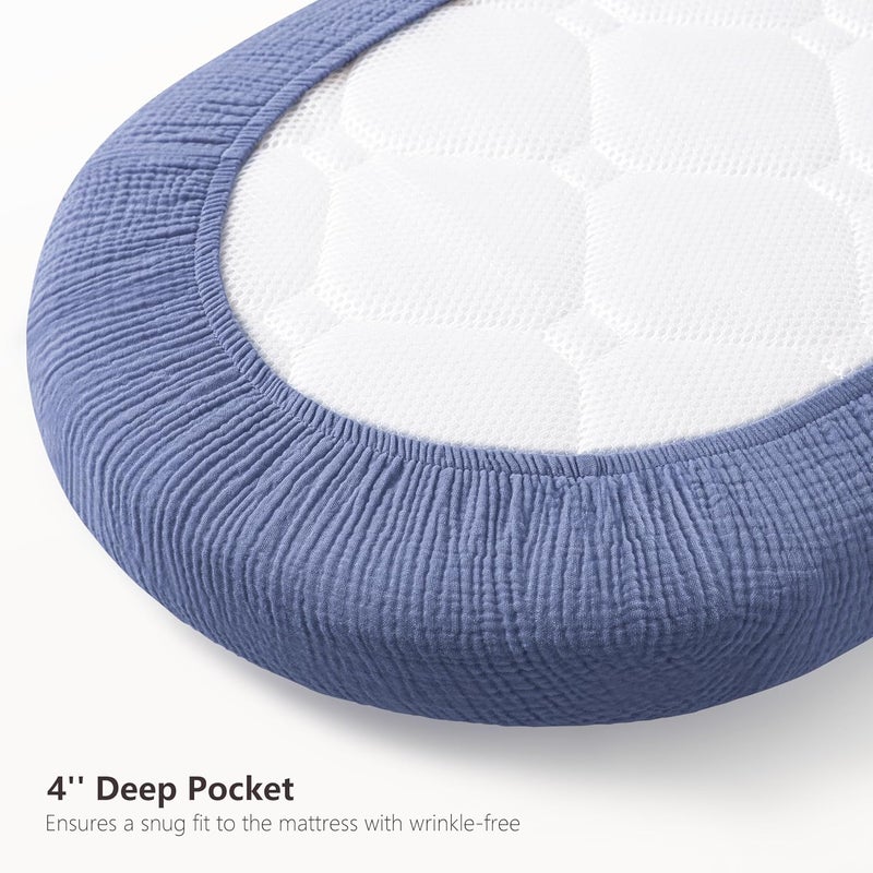 Bearmoss Bassinet Sheets - 2 Pack Muslin Cotton Bassinet Sheets Fits Oval and Rectangle Bassinet Mattress, Breathable and Skin-Friendly for Baby Boy and Girl (Light Blue&Royal Blue) - Image 5